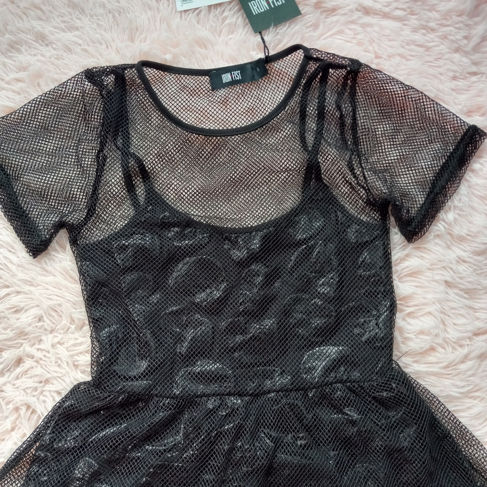 😵Fishnet overlay iron fist babydoll style "Skullz Club Mini Dress" ☠ Gothic nwt - Picture 12 of 16